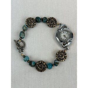Vintage Watch Toggle Bracelet Dolphins Ornate Bronze Beads Turquoise Stones